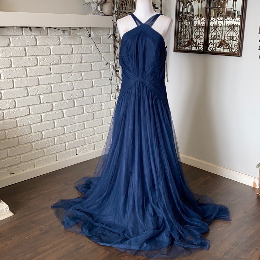 HALEY PAIGE Indigo 5765 Crisscross Front Tulle Bridesmaid Gown Formal Dress 12